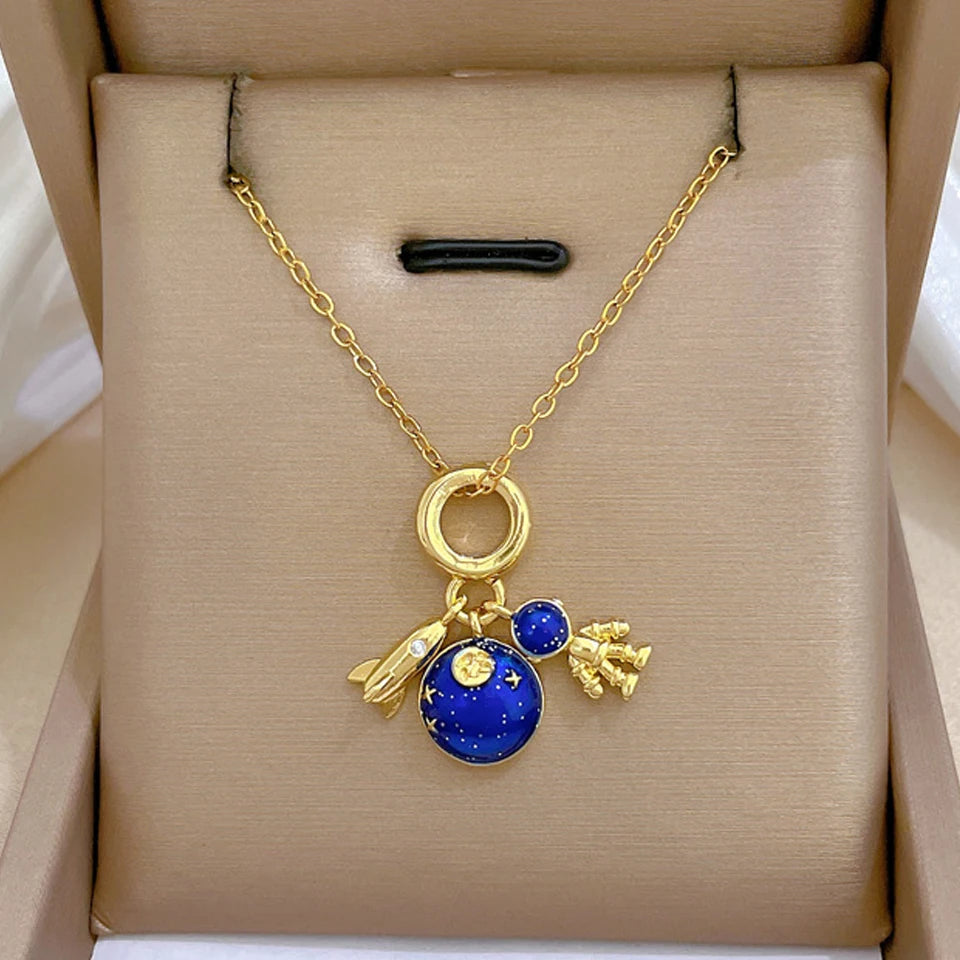 Luxury Titanium Steel Star Necklace – Planet, Moon & Astronaut Pendant