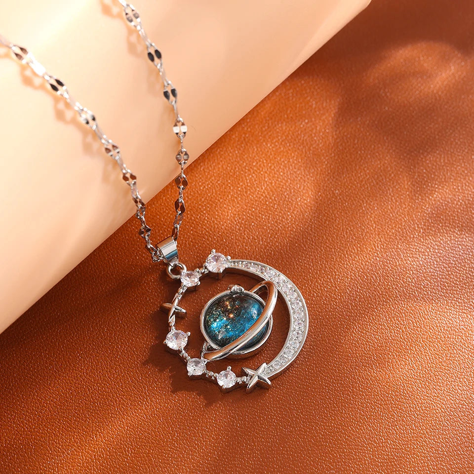 Luxury Titanium Steel Star Necklace – Planet, Moon & Astronaut Pendant