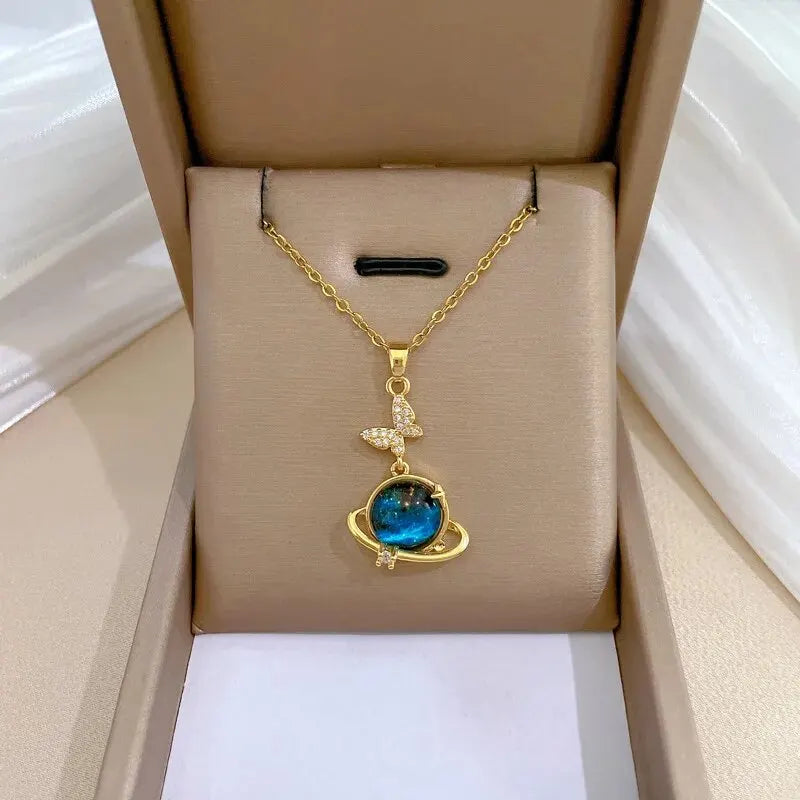 Luxury Titanium Steel Star Necklace – Planet, Moon & Astronaut Pendant