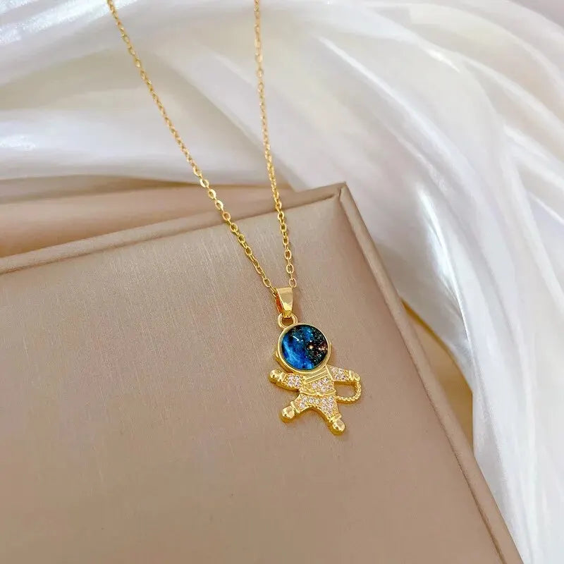 Luxury Titanium Steel Star Necklace – Planet, Moon & Astronaut Pendant