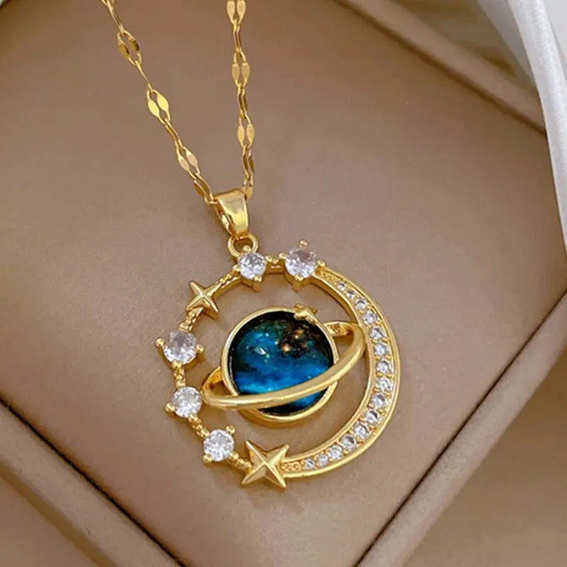 Luxury Titanium Steel Star Necklace – Planet, Moon & Astronaut Pendant