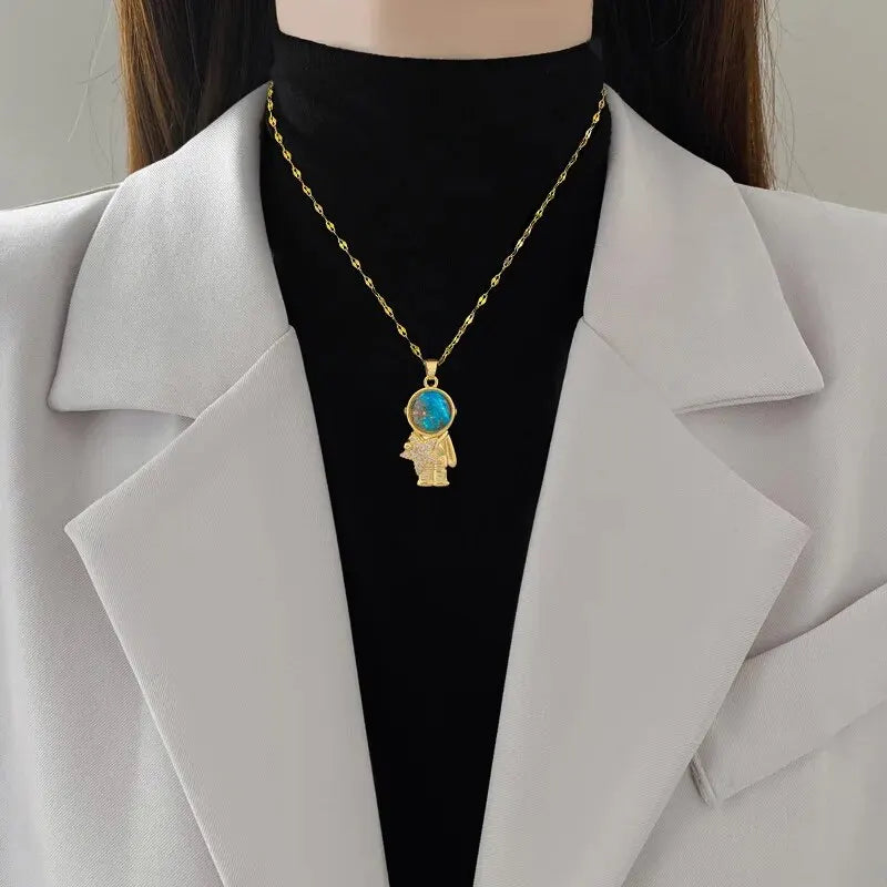 Luxury Titanium Steel Star Necklace – Planet, Moon & Astronaut Pendant