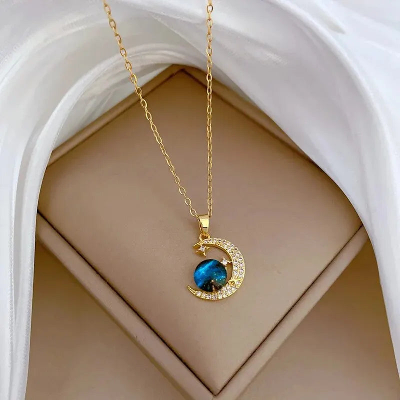 Luxury Titanium Steel Star Necklace – Planet, Moon & Astronaut Pendant