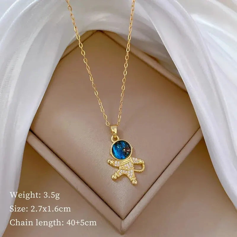Luxury Titanium Steel Star Necklace – Planet, Moon & Astronaut Pendant